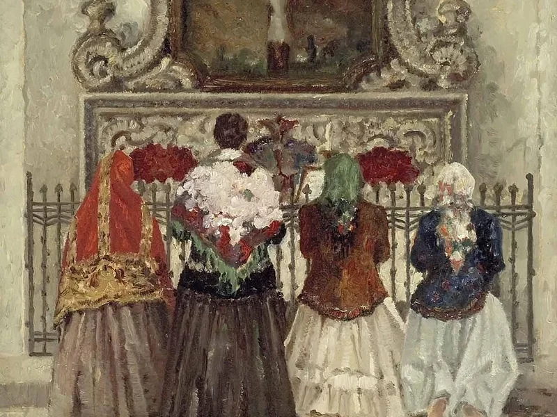 1884-Max Baumann - Quattro donne in preghiera davanti a un altare con la croce